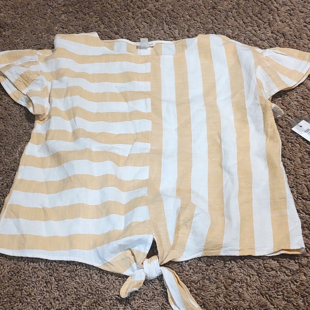 Tribal Jeans Linen Tie-front top yellow/white. Small NWT